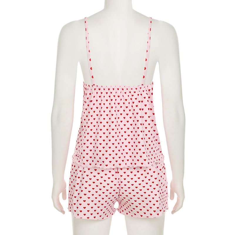 Sweetheart Pink Heart Print Cami & Shorts Pajama Set – Cozy Loungewear for Fall Nights & Gifting