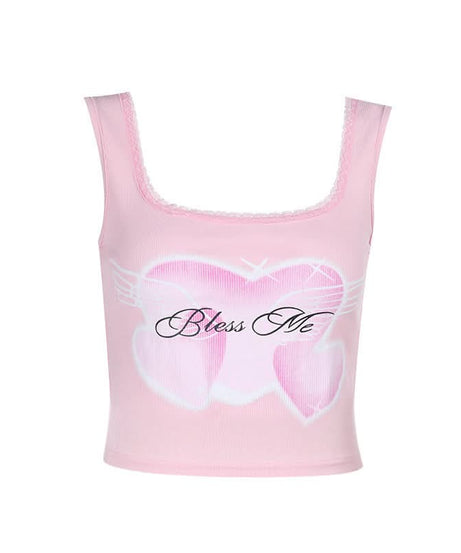 Adorable 'Bless Me' Pink Heart Tank Top for Women | Y2K Square Neck Crop with Lace Trim | Perfect for Fall Layering