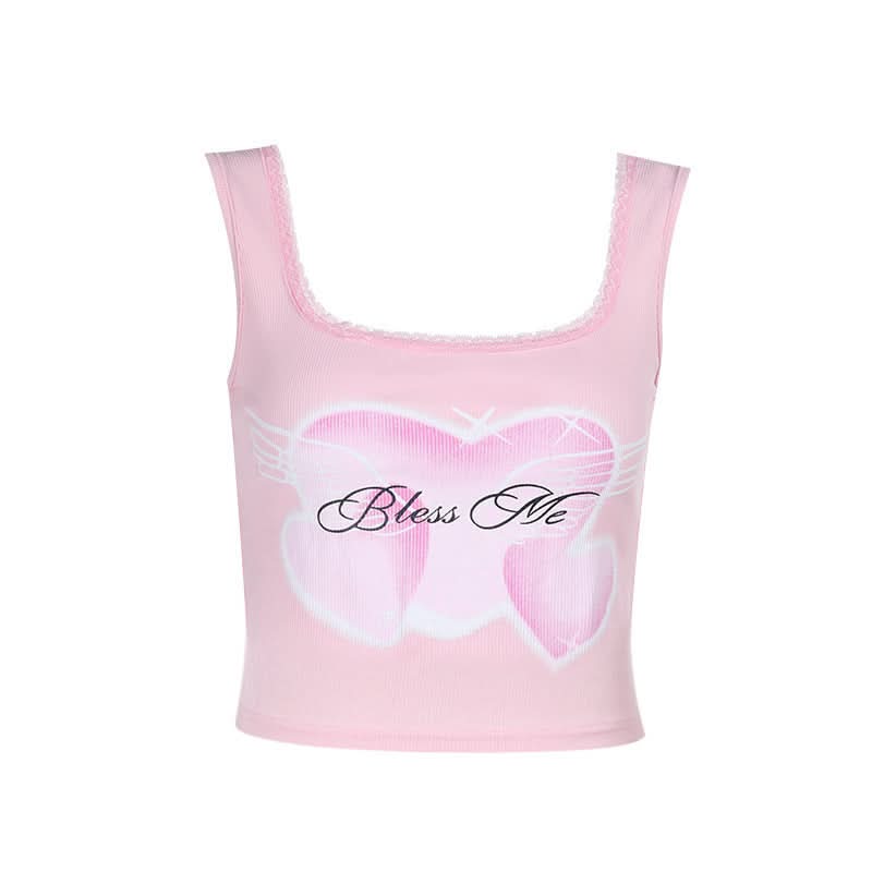 Adorable 'Bless Me' Pink Heart Tank Top for Women | Y2K Square Neck Crop with Lace Trim | Perfect for Fall Layering