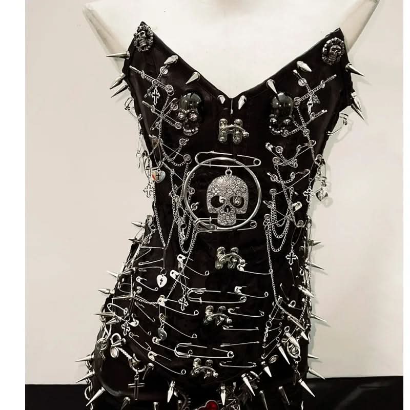 Edgy Skull & Spikes V-Neck Mini Dress | Gothic Chain Embellished for Halloween & Fall