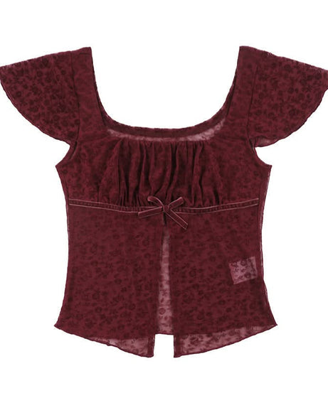Chic Fall Date Night Top: Burgundy Sheer Floral Square Neck with Velvet Bow