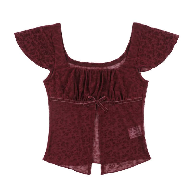 Chic Fall Date Night Top: Burgundy Sheer Floral Square Neck with Velvet Bow
