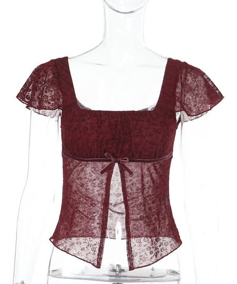 Chic Fall Date Night Top: Burgundy Sheer Floral Square Neck with Velvet Bow