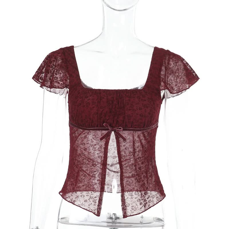 Chic Fall Date Night Top: Burgundy Sheer Floral Square Neck with Velvet Bow