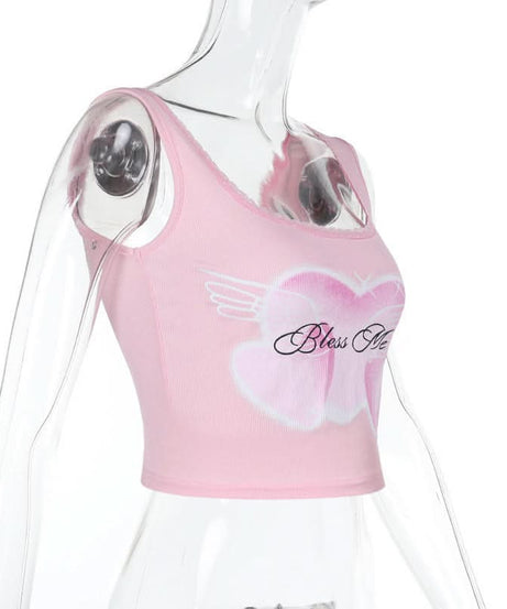 Adorable 'Bless Me' Pink Heart Tank Top for Women | Y2K Square Neck Crop with Lace Trim | Perfect for Fall Layering