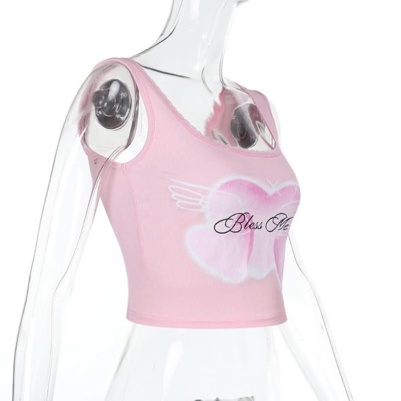 Adorable 'Bless Me' Pink Heart Tank Top for Women | Y2K Square Neck Crop with Lace Trim | Perfect for Fall Layering