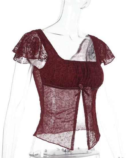 Chic Fall Date Night Top: Burgundy Sheer Floral Square Neck with Velvet Bow
