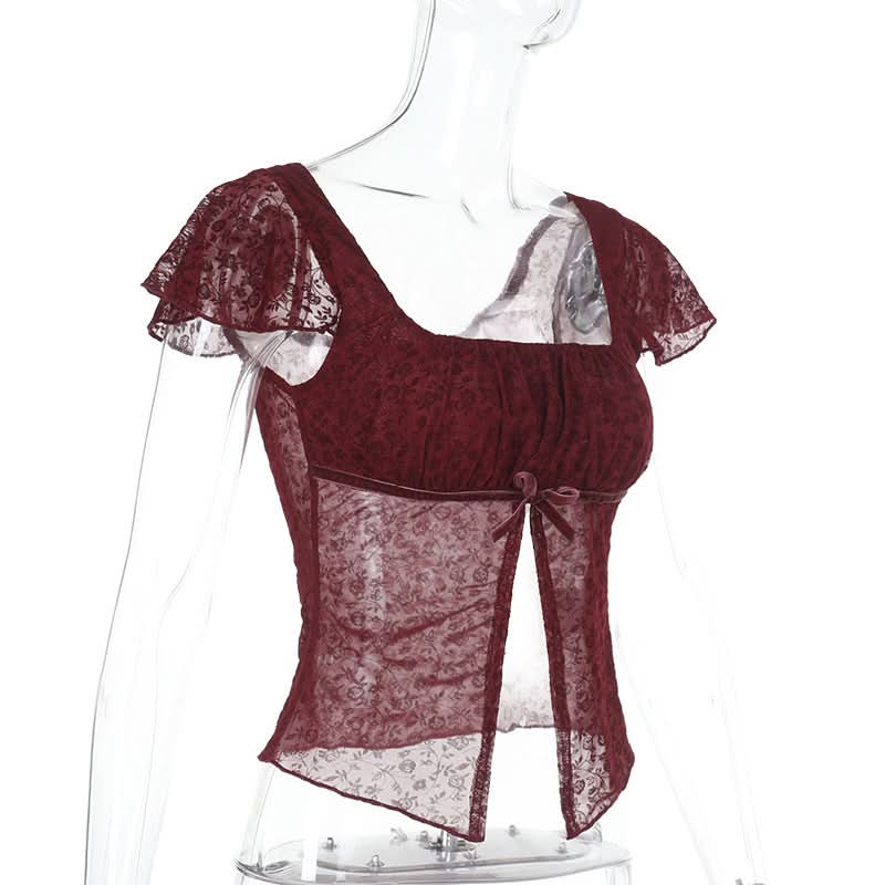 Chic Fall Date Night Top: Burgundy Sheer Floral Square Neck with Velvet Bow