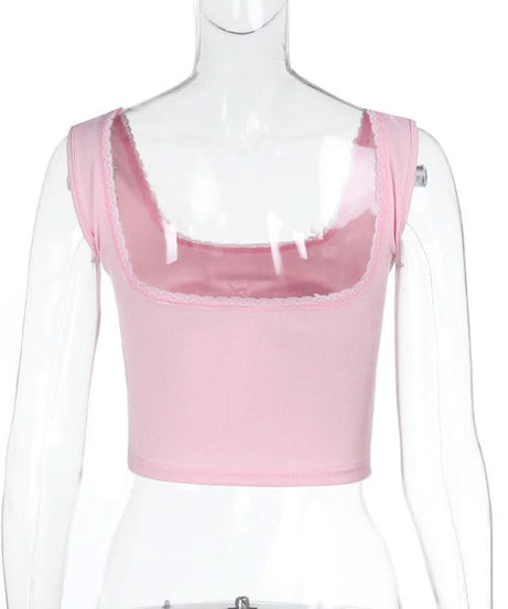Adorable 'Bless Me' Pink Heart Tank Top for Women | Y2K Square Neck Crop with Lace Trim | Perfect for Fall Layering