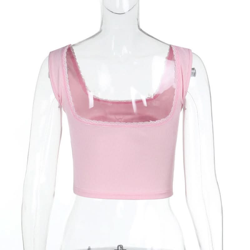 Adorable 'Bless Me' Pink Heart Tank Top for Women | Y2K Square Neck Crop with Lace Trim | Perfect for Fall Layering