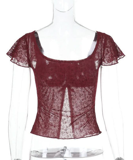 Chic Fall Date Night Top: Burgundy Sheer Floral Square Neck with Velvet Bow