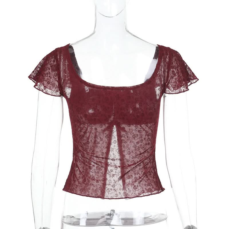 Chic Fall Date Night Top: Burgundy Sheer Floral Square Neck with Velvet Bow