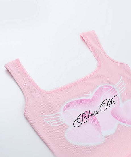 Adorable 'Bless Me' Pink Heart Tank Top for Women | Y2K Square Neck Crop with Lace Trim | Perfect for Fall Layering