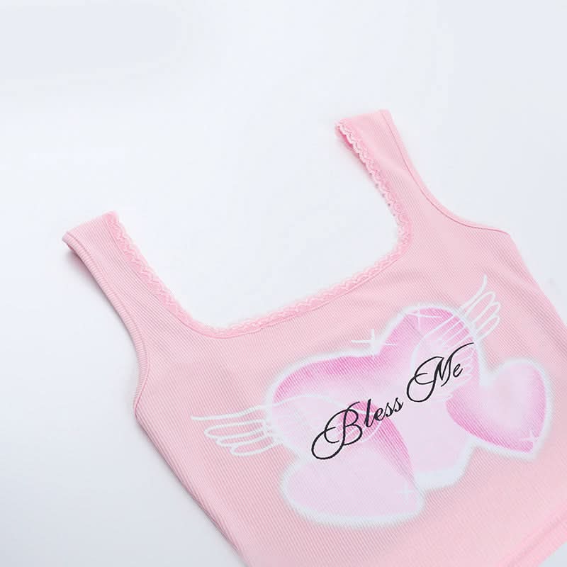 Adorable 'Bless Me' Pink Heart Tank Top for Women | Y2K Square Neck Crop with Lace Trim | Perfect for Fall Layering