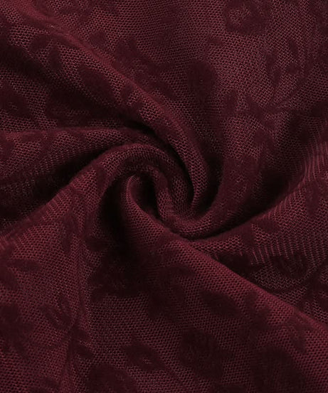 Chic Fall Date Night Top: Burgundy Sheer Floral Square Neck with Velvet Bow