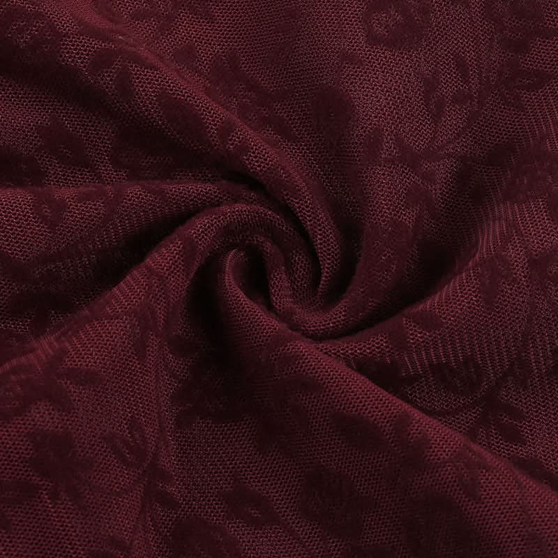 Chic Fall Date Night Top: Burgundy Sheer Floral Square Neck with Velvet Bow