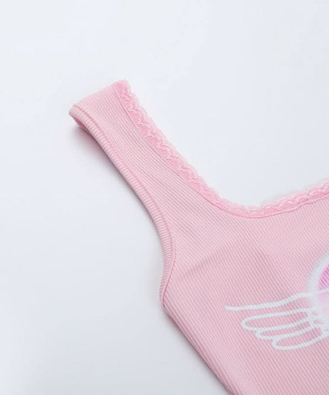 Adorable 'Bless Me' Pink Heart Tank Top for Women | Y2K Square Neck Crop with Lace Trim | Perfect for Fall Layering