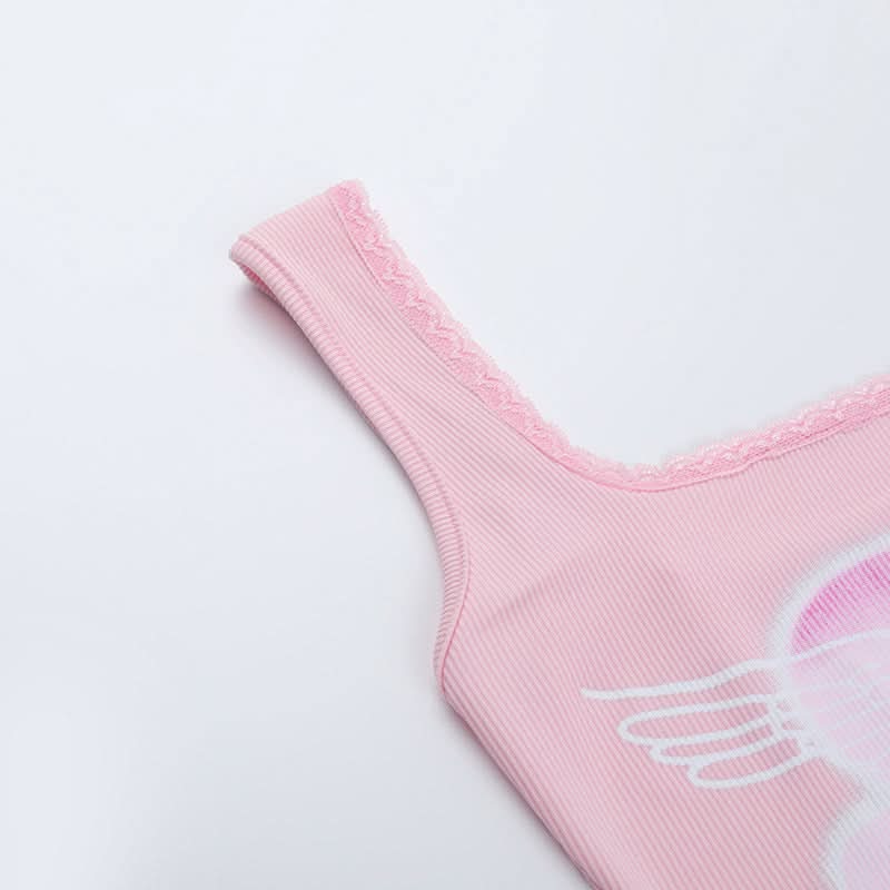 Adorable 'Bless Me' Pink Heart Tank Top for Women | Y2K Square Neck Crop with Lace Trim | Perfect for Fall Layering