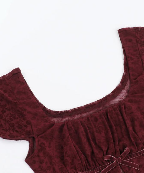 Chic Fall Date Night Top: Burgundy Sheer Floral Square Neck with Velvet Bow