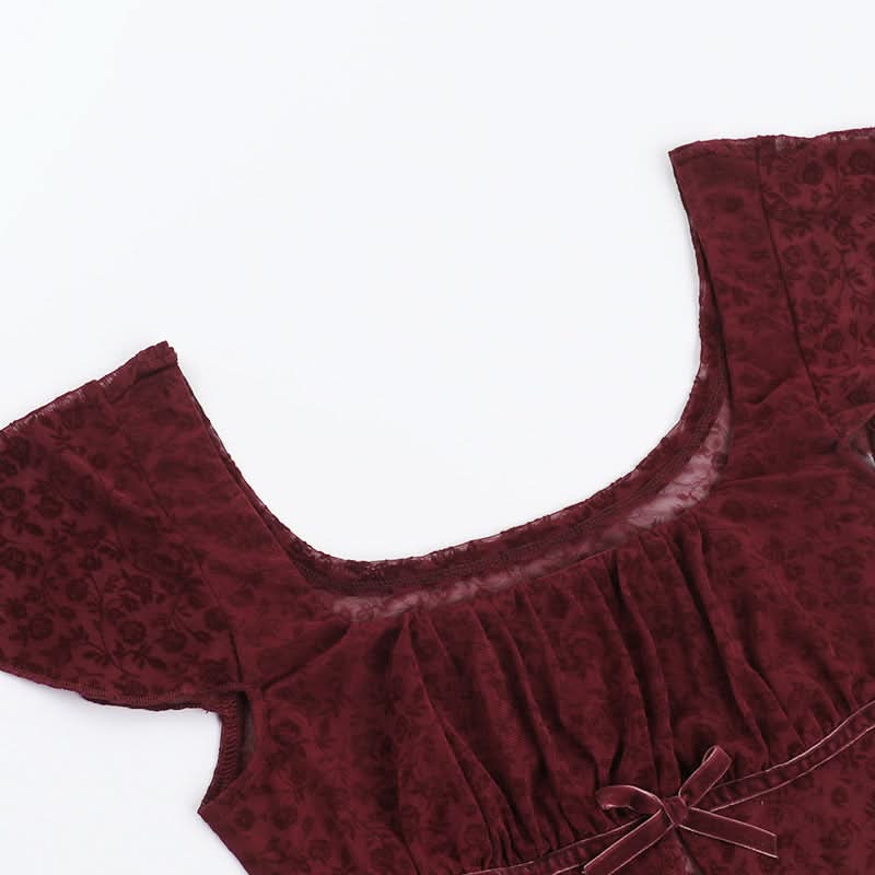 Chic Fall Date Night Top: Burgundy Sheer Floral Square Neck with Velvet Bow