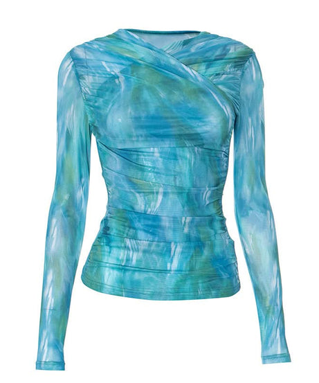 Oceanic Dreams Ruched Mesh Long Sleeve Wrap Top - Chic Fall Layering Essential