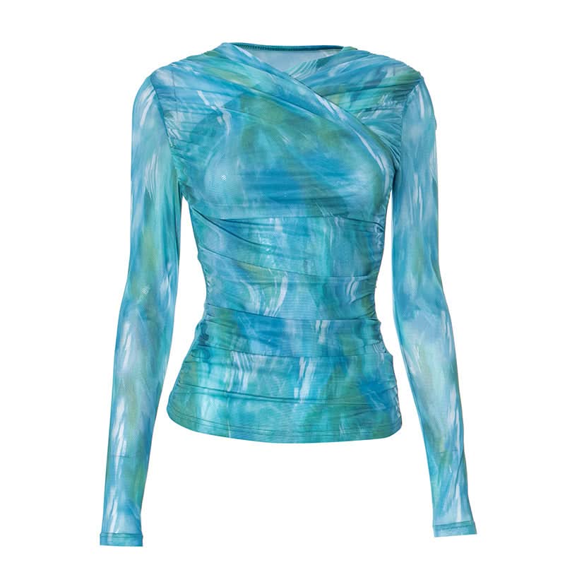 Oceanic Dreams Ruched Mesh Long Sleeve Wrap Top - Chic Fall Layering Essential