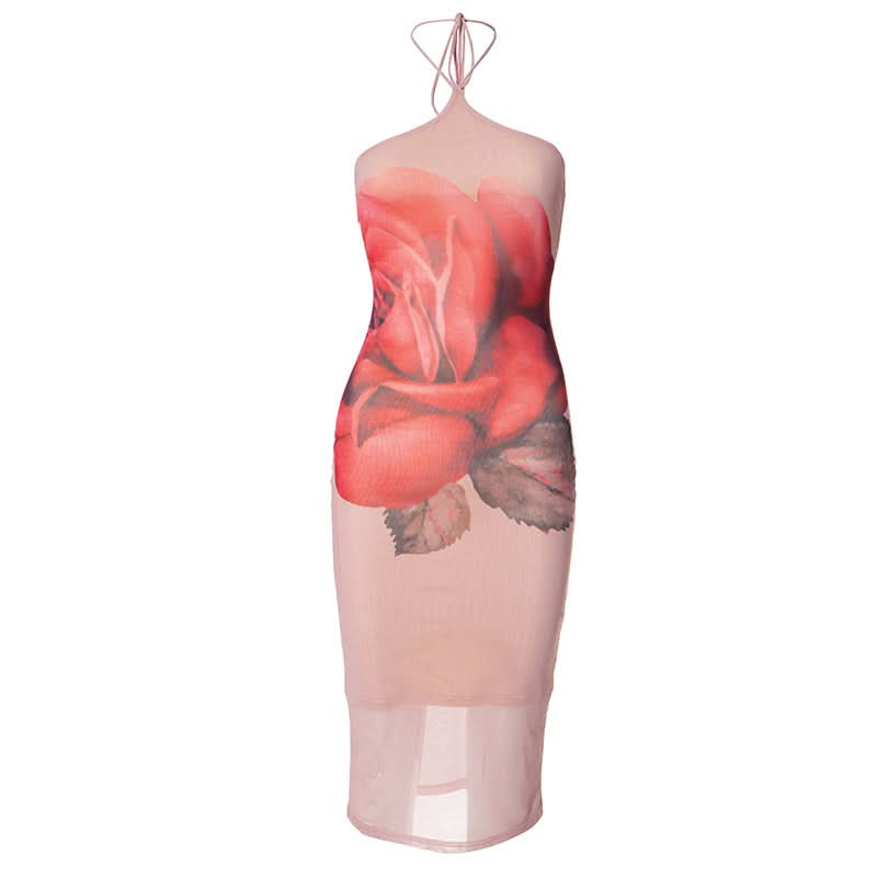 Captivating Rose Bloom Halter Mesh Midi Dress - Your Fall & Holiday Event Essential