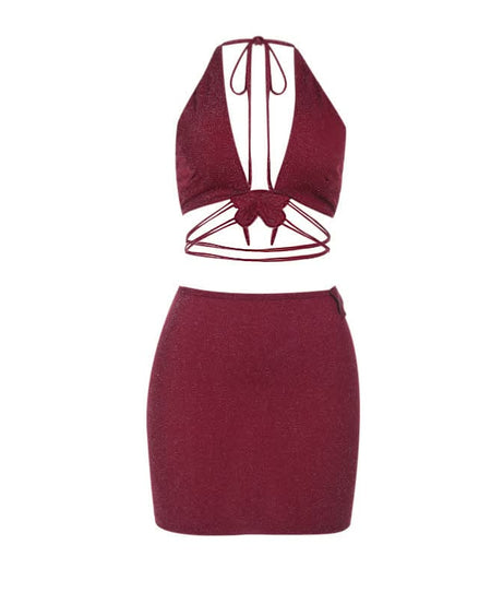 Enchanting Burgundy Shimmer Butterfly Halter Top & Mini Skirt Set | Fall Party & Holiday Glam