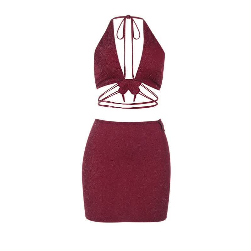 Enchanting Burgundy Shimmer Butterfly Halter Top & Mini Skirt Set | Fall Party & Holiday Glam
