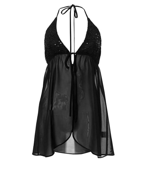 Alluring Black Sequin Halter Babydoll Lingerie - Perfect for Fall & Holiday Glamour
