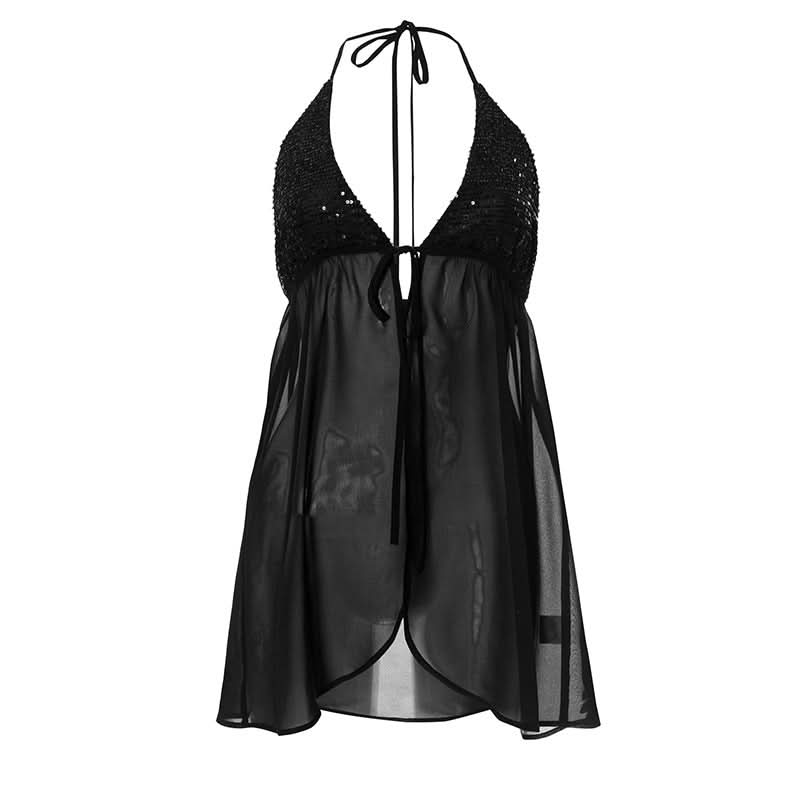Alluring Black Sequin Halter Babydoll Lingerie - Perfect for Fall & Holiday Glamour