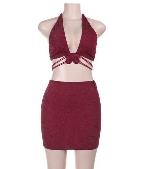 Enchanting Burgundy Shimmer Butterfly Halter Top & Mini Skirt Set | Fall Party & Holiday Glam