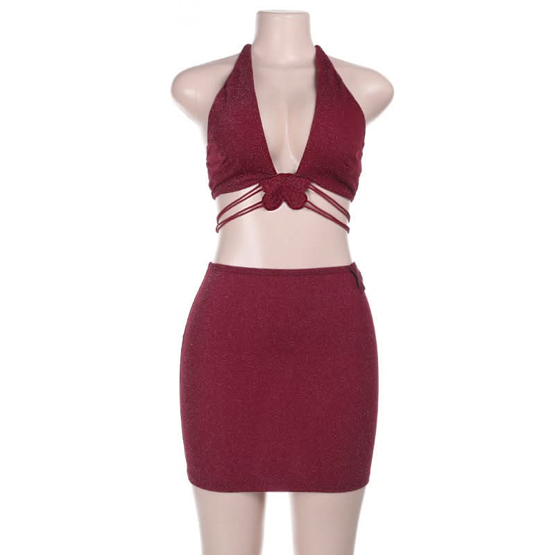 Enchanting Burgundy Shimmer Butterfly Halter Top & Mini Skirt Set | Fall Party & Holiday Glam