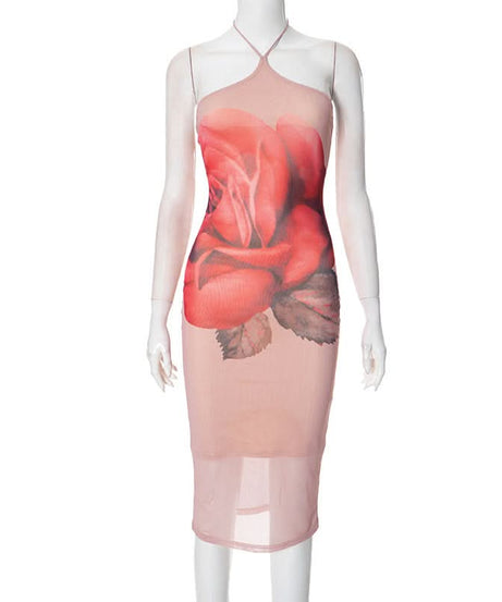 Captivating Rose Bloom Halter Mesh Midi Dress - Your Fall & Holiday Event Essential