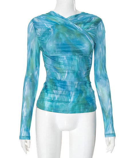 Oceanic Dreams Ruched Mesh Long Sleeve Wrap Top - Chic Fall Layering Essential