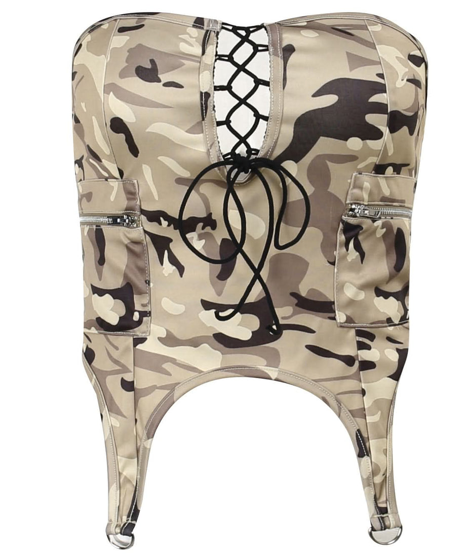 Edgy Y2K Camo Cargo Lace-Up Bodysuit Top - Strapless Corset Utility for Fall