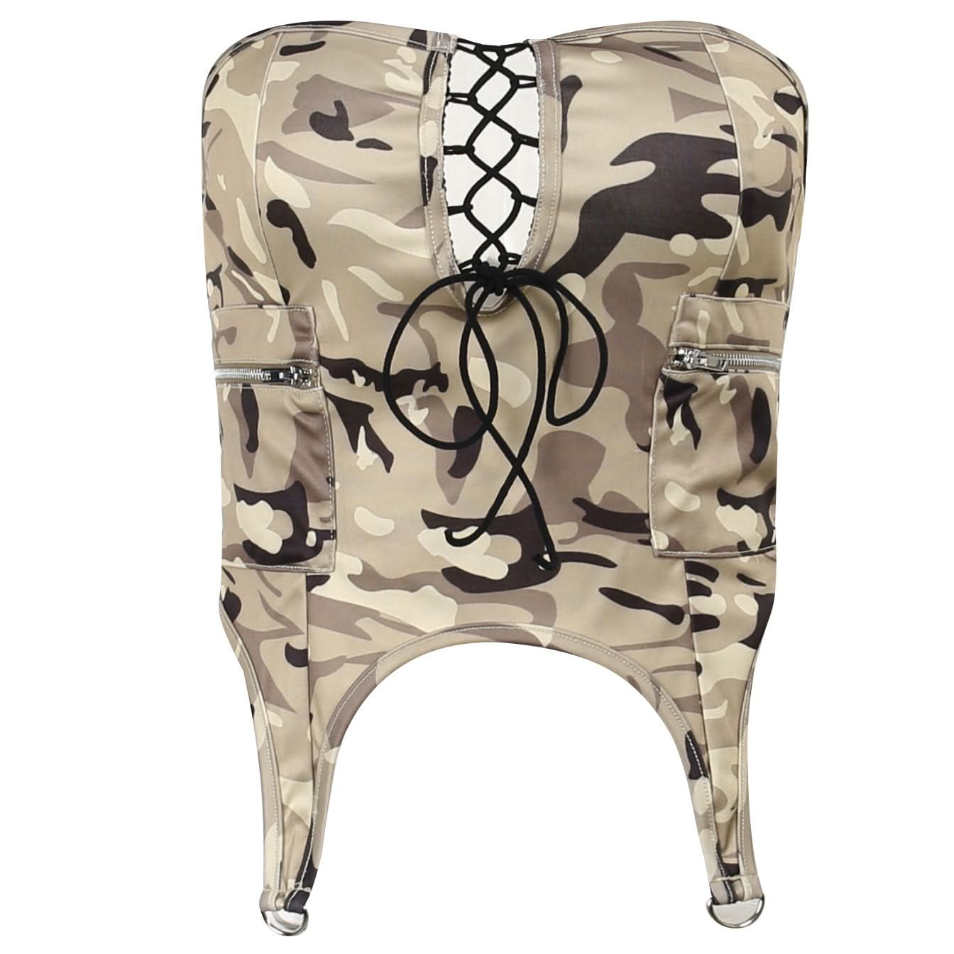 Edgy Y2K Camo Cargo Lace-Up Bodysuit Top - Strapless Corset Utility for Fall