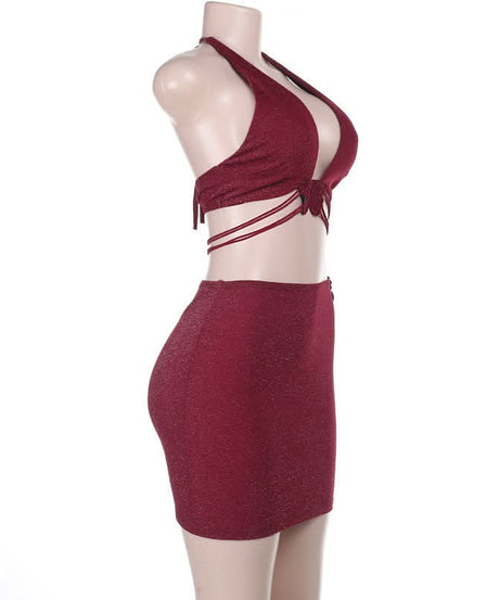 Enchanting Burgundy Shimmer Butterfly Halter Top & Mini Skirt Set | Fall Party & Holiday Glam