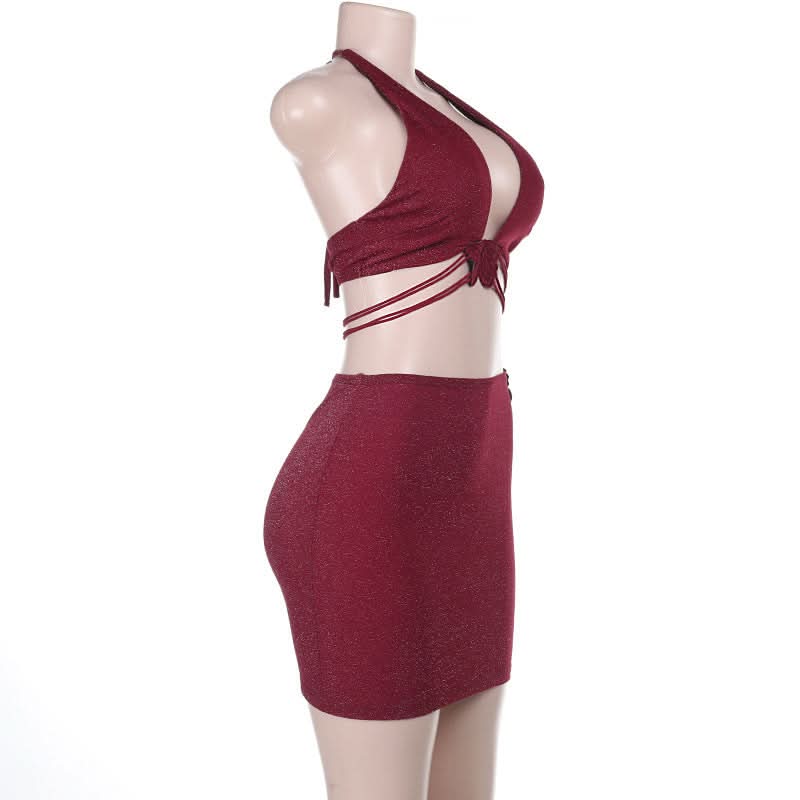 Enchanting Burgundy Shimmer Butterfly Halter Top & Mini Skirt Set | Fall Party & Holiday Glam