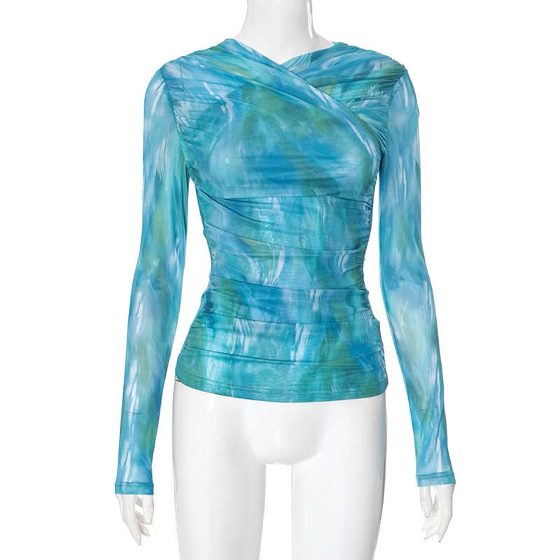 Oceanic Dreams Ruched Mesh Long Sleeve Wrap Top - Chic Fall Layering Essential