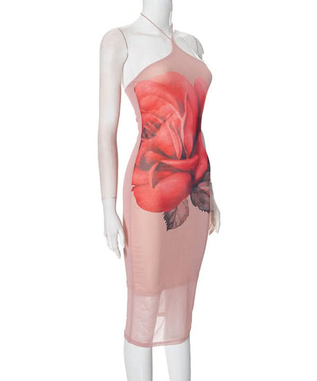 Captivating Rose Bloom Halter Mesh Midi Dress - Your Fall & Holiday Event Essential