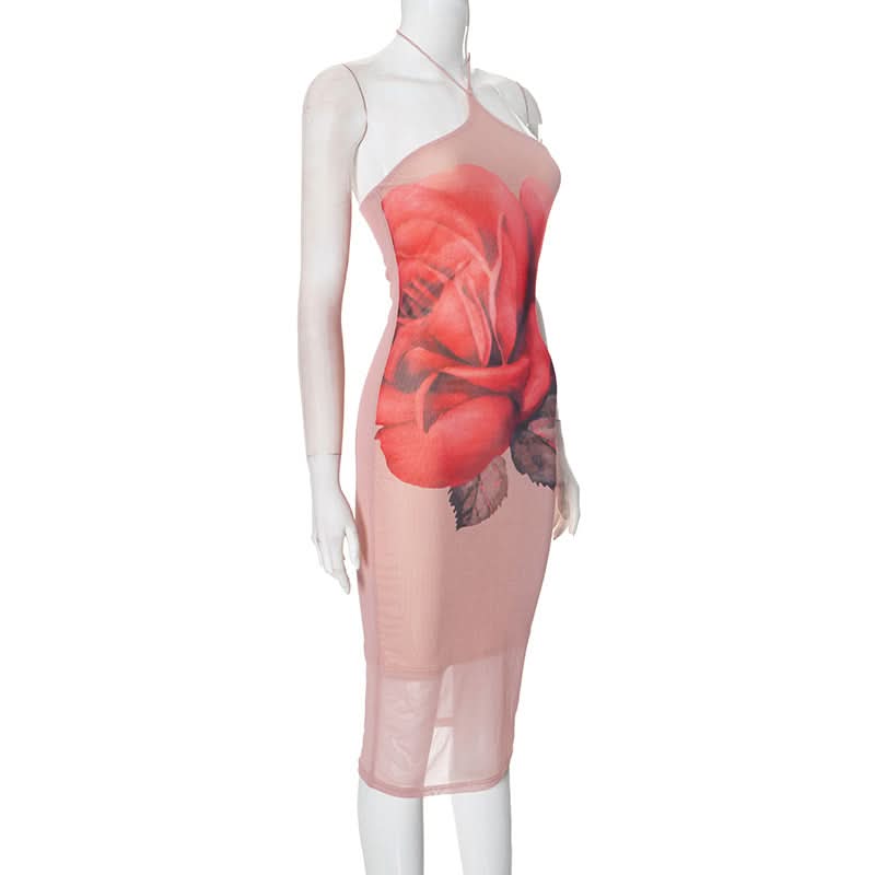 Captivating Rose Bloom Halter Mesh Midi Dress - Your Fall & Holiday Event Essential