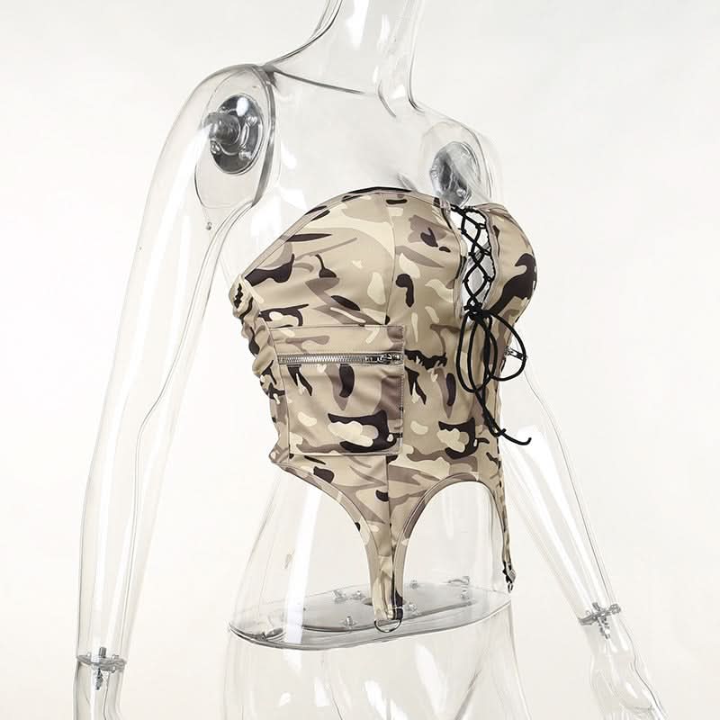 Edgy Y2K Camo Cargo Lace-Up Bodysuit Top - Strapless Corset Utility for Fall