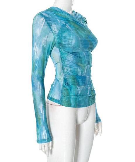Oceanic Dreams Ruched Mesh Long Sleeve Wrap Top - Chic Fall Layering Essential