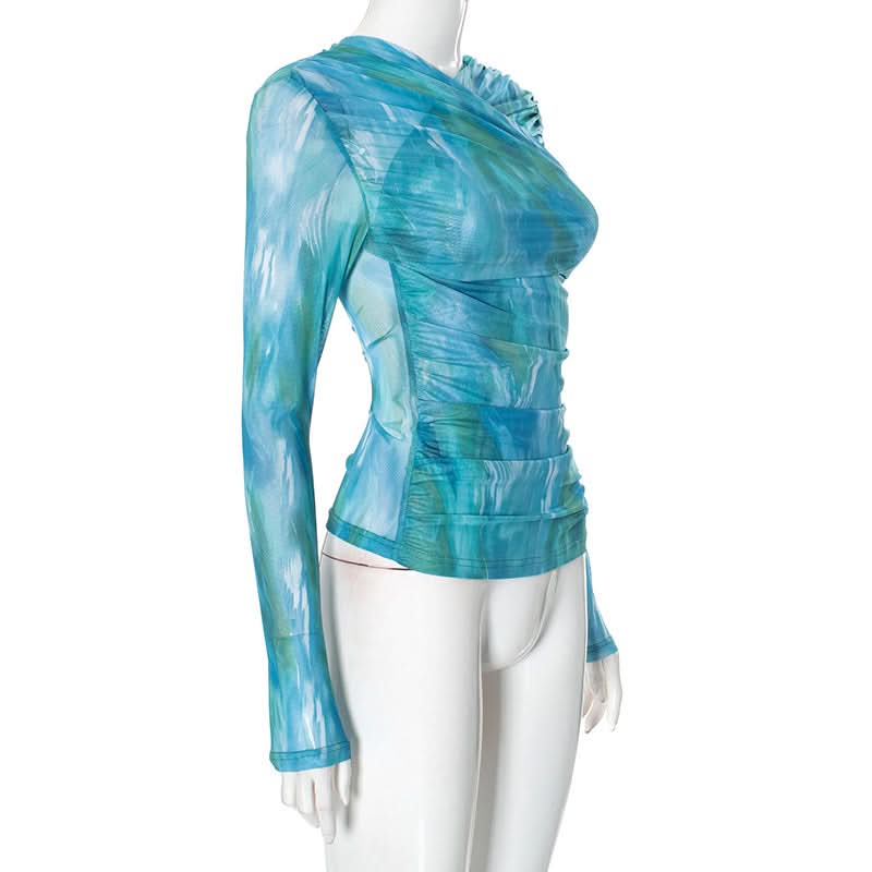 Oceanic Dreams Ruched Mesh Long Sleeve Wrap Top - Chic Fall Layering Essential