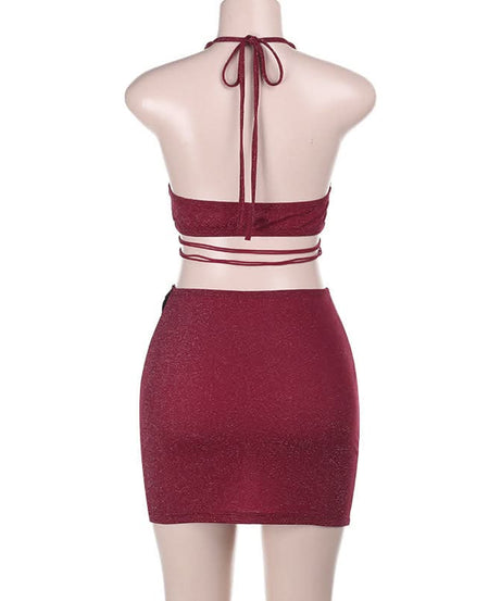 Enchanting Burgundy Shimmer Butterfly Halter Top & Mini Skirt Set | Fall Party & Holiday Glam