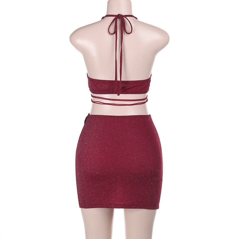 Enchanting Burgundy Shimmer Butterfly Halter Top & Mini Skirt Set | Fall Party & Holiday Glam