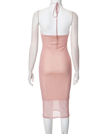 Captivating Rose Bloom Halter Mesh Midi Dress - Your Fall & Holiday Event Essential