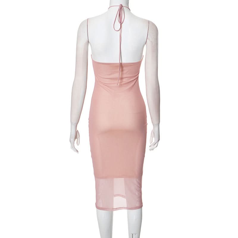 Captivating Rose Bloom Halter Mesh Midi Dress - Your Fall & Holiday Event Essential