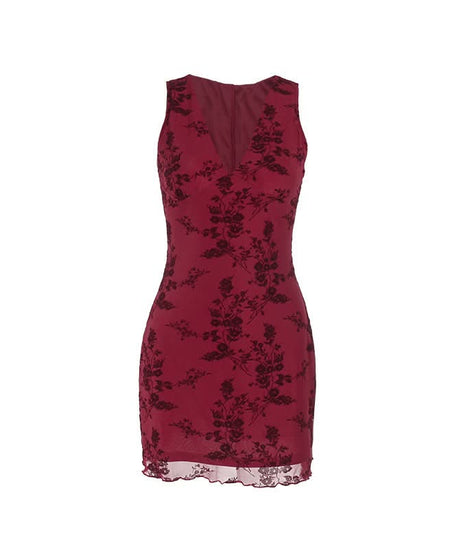 Dark Romance Floral Mesh Mini Dress - Chic Burgundy V-Neck for Fall & Holiday Parties